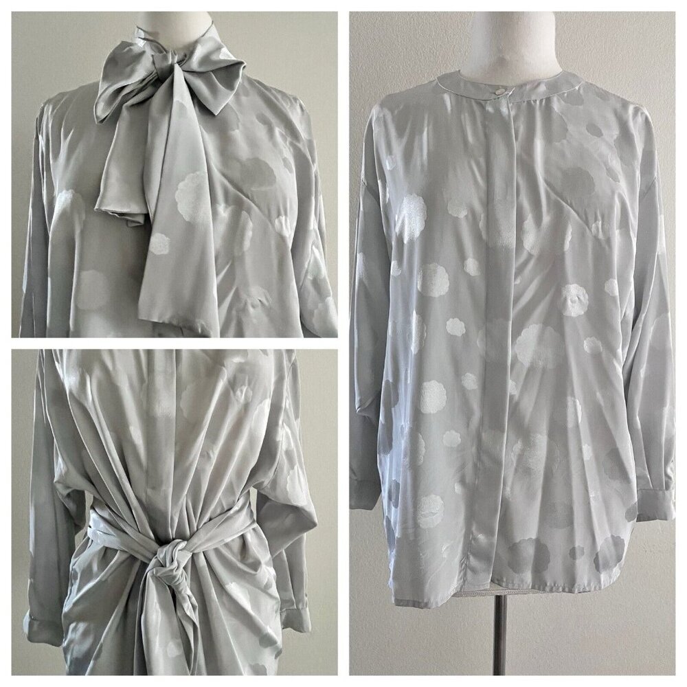 Evan Picone 14 Silky Textured Top jabot waist belt scarf necktie Japan Gray NEW